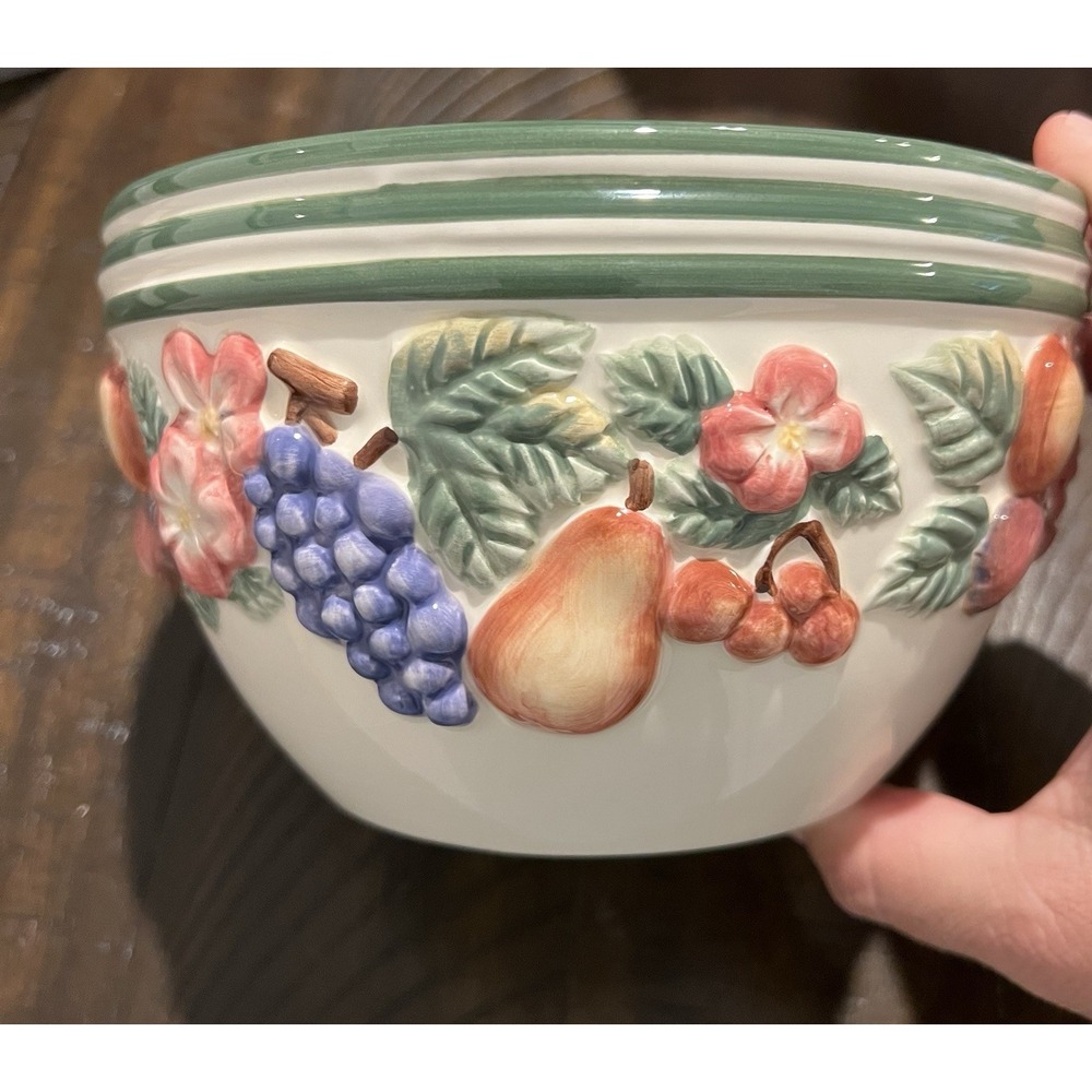 Epoch Collection 7" Raised Relief Ceramic Fruit and Floral Pattern Bowl Kitchen